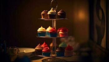 nachsichtig Cupcakes mit Gourmet Glasur, Schokolade und Erdbeere Dekoration generiert durch ai foto