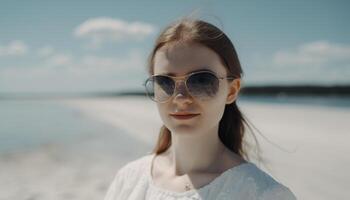 einer jung Frau, Sonnenbrille, lächelnd, draußen, Schönheit im Natur generiert durch ai foto