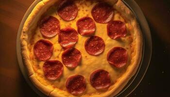 frisch gebacken Gourmet Pizza, mit Mozzarella und Peperoni, auf Tabelle generiert durch ai foto