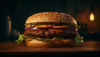 gegrillt Rindfleisch Burger mit Cheddar Käse, Tomate, und Zwiebel generiert durch ai foto