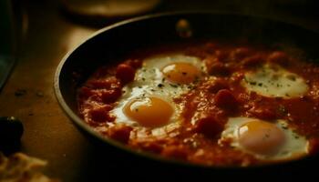 gesund Mahlzeit frisch gebraten Ei, Tomate, und Brot auf Teller generiert durch ai foto
