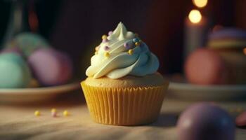 multi farbig Gourmet Cupcakes mit aufwendig Dekorationen zum ein Geburtstag Party generiert durch ai foto