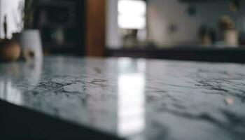 modern Küche Tabelle mit Holz Bodenbelag und defokussiert Betrachtung generiert durch ai foto