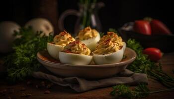 frisch Gourmet Mahlzeit auf rustikal Holz Tabelle mit gesund Gemüse generiert durch ai foto