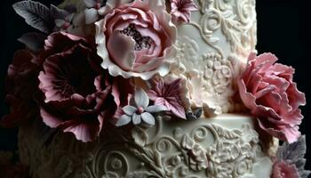 romantisch Hochzeit Feier mit aufwendig Schokolade Hochzeit Kuchen Dekoration generiert durch ai foto