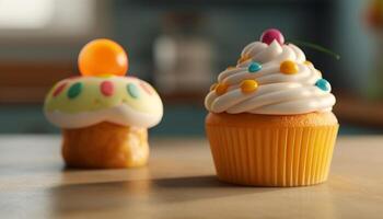 süß Cupcake mit bunt Glasur, gebacken zum Geburtstag Feier generiert durch ai foto