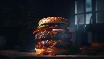 gegrillt Rindfleisch Burger mit Käse, Zwiebel, Tomate, und Gemüse generiert durch ai foto