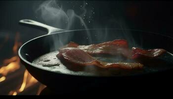 gegrillt Schweinefleisch Steak mit Speck und Gemüse Soße, gekocht perfekt generiert durch ai foto