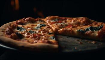 schließen oben von hausgemacht gebacken Pizza mit frisch Mozzarella und Tomate generiert durch ai foto