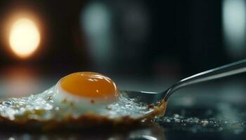 frisch gekocht gebraten Ei auf ein Metall Löffel, gesund Protein Mahlzeit generiert durch ai foto