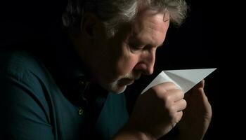 einer Erwachsene männlich halten Papier, suchen traurig im Studio Schuss generiert durch ai foto