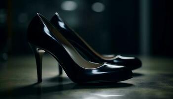 modern Frauen Luxus Schuh, elegant Stilett im glänzend schwarz Patent Leder generiert durch ai foto