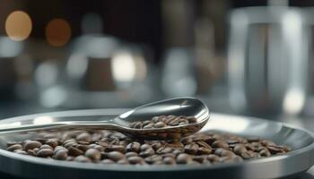 frisch gebraut Cappuccino auf Metall Untertasse, selektiv Fokus auf Vordergrund generiert durch ai foto