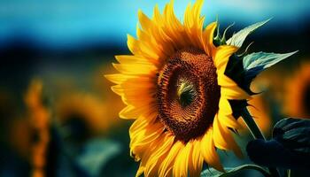 beschwingt Sonnenblume blühen im organisch Wiese, von hinten beleuchtet durch heiter Sonnenlicht generiert durch ai foto