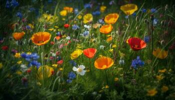 beschwingt Wildblume blühen im still Wiese, umgeben durch Grün Gras generiert durch ai foto