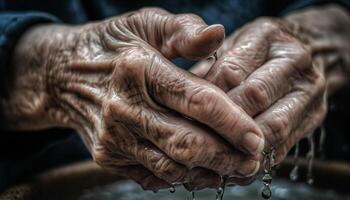 faltig Hand halten frisch Wasser tropfen, Altern Prozess im Fokus generiert durch ai foto