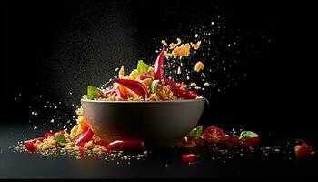 gesund Vegetarier Pasta Salat mit frisch Gemüse und würzig Würze generiert durch ai foto
