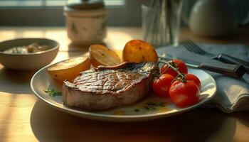 gegrillt Steak Filet auf Teller mit frisch Tomate und Gemüse generiert durch ai foto