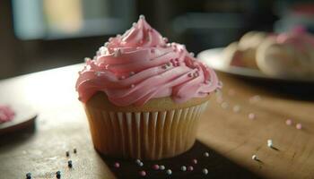 ausgepeitscht Sahne und Erdbeere Cupcake, ein Süss Genuss zum Feier generiert durch ai foto