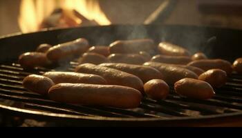 gegrillt Fleisch brutzelnd auf heiß Kohle, ein Sommer- Grill Fest generiert durch ai foto