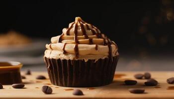 dunkel Schokolade Cupcake mit cremig Glasur, ein Gourmet Genuss generiert durch ai foto