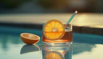 frisch Zitrusfrüchte Obst Cocktail auf hölzern Tabelle mit Eis und Scheibe generiert durch ai foto