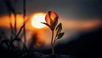 beschwingt Sonnenuntergang Silhouetten Baum Zweig, Rosa blühen im Vordergrund generiert durch ai foto