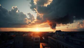 dramatisch Himmel Über städtisch Horizont, Rauch und Verschmutzung füllen Atmosphäre generiert durch ai foto