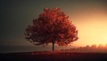 still Herbst Wald, von hinten beleuchtet durch beschwingt Sonnenuntergang Himmel Schönheit generiert durch ai foto