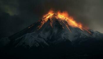 majestätisch Berg Angebot ausbrechen mit Rauch und Feuer beim Sonnenuntergang generiert durch ai foto