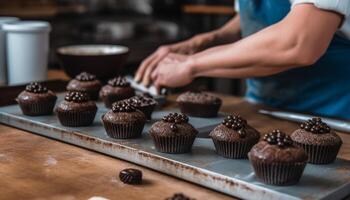 einer Person vorbereiten hausgemacht Schokolade Chip Muffin im inländisch Küche generiert durch ai foto