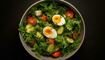 frisch Gourmet Salat mit organisch Gemüse, gekocht Ei und Kirsche Tomate generiert durch ai foto