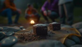 Familie Camping zusammen, Braten Marshmallows Über Lagerfeuer, genießen Süss Leckereien generiert durch ai foto