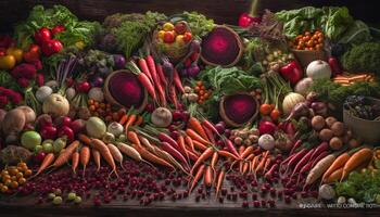 gesund Vegetarier Salat mit frisch organisch Gemüse auf hölzern Tabelle generiert durch ai foto