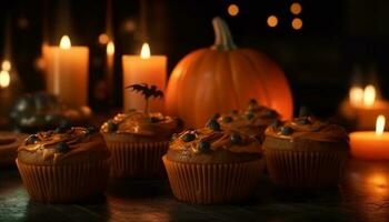 nachsichtig Halloween Dessert hausgemacht Kürbis Muffin mit Kerzenlicht Glasur generiert durch ai foto