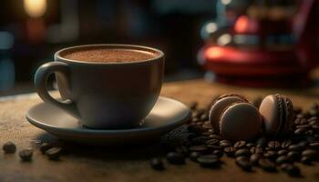 frisch gebraut Kaffee im ein schaumig Cappuccino auf hölzern Tabelle generiert durch ai foto