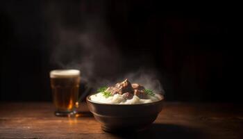 rustikal Holz Tabelle hält Gourmet Mahlzeit mit gegrillt Fleisch und Joghurt Soße generiert durch ai foto