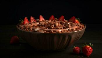 frisch Beere Dessert auf rustikal Holz Tabelle mit Schokolade Mousse generiert durch ai foto