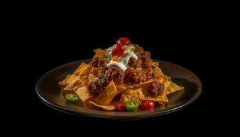 frisch Gourmet Taco Schüssel mit Fleisch, Guacamole, und Koriander Salsa generiert durch ai foto