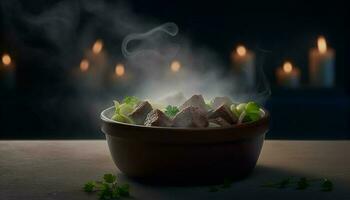 gegrillt Schweinefleisch und Rindfleisch mit Gemüse auf ein hölzern Teller generiert durch ai foto