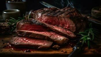 saftig gegrillt Steak, gekocht selten, mit natürlich würzen und Frische generiert durch ai foto