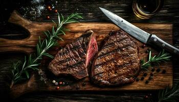 saftig gegrillt Porterhouse Steak mit rustikal Würze auf hölzern Tabelle generiert durch ai foto