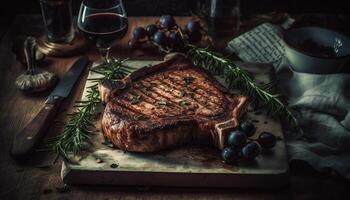 gegrillt Porterhouse Steak auf rustikal Holz Tabelle mit organisch Würze generiert durch ai foto