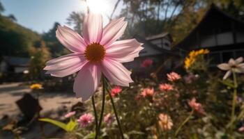 beschwingt Kosmos Blume Blüten im ländlich Wiese während Sommer- Sonnenuntergang generiert durch ai foto