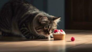 flauschige Kätzchen verwöhnt im Gourmet Schokolade Dessert auf Küche Tabelle generiert durch ai foto