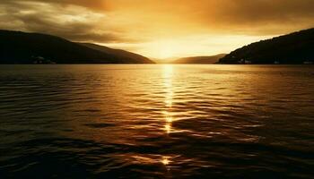 majestätisch Berg Angebot Silhouetten gegen still Sonnenuntergang Über Wasser generiert durch ai foto