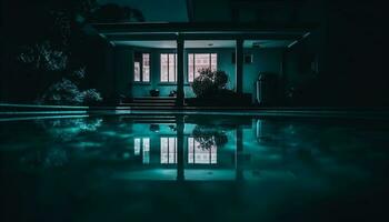 Luxus modern drinnen mit Schwimmen Schwimmbad Betrachtung, Blau Dämmerung Design generiert durch ai foto