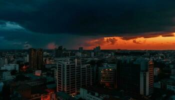 Silhouette von Stadt Horizont beim Dämmerung, beleuchtet durch dramatisch Himmel generiert durch ai foto
