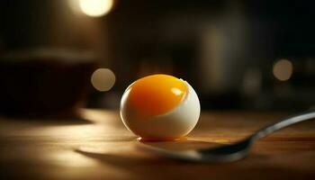 gesund gekocht Ei auf hölzern Löffel, frisch organisch Protein Mahlzeit generiert durch ai foto