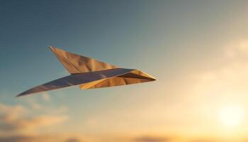 Gelb Papier Flugzeug gleiten durch Blau Himmel beim Sonnenuntergang generiert durch ai foto